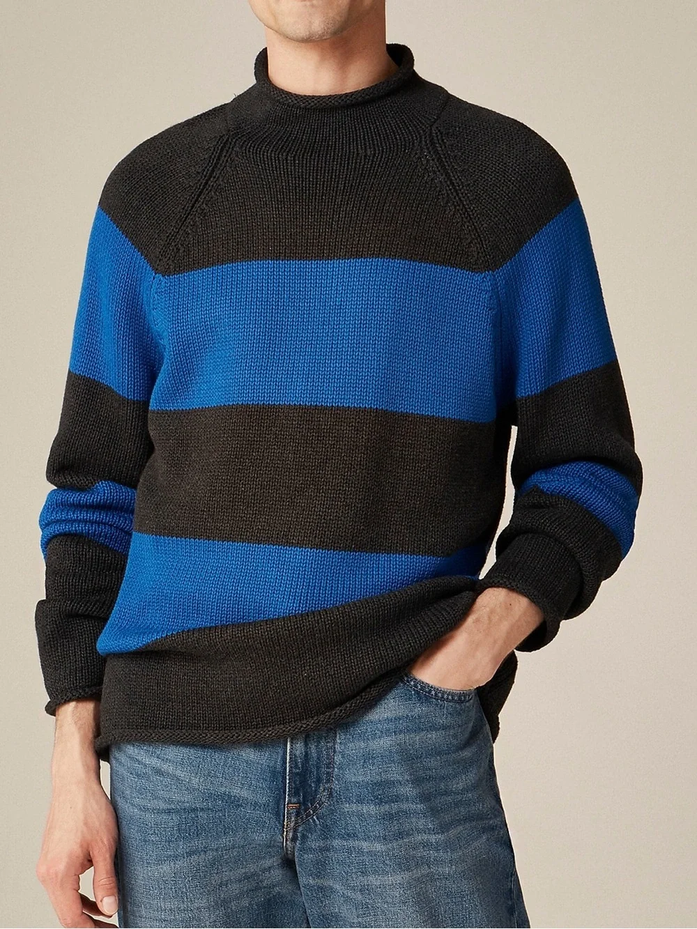 J. Crew 1988 Rollneck sweater in cotton hoop stripe Hthr Black Regal Blue Sz M